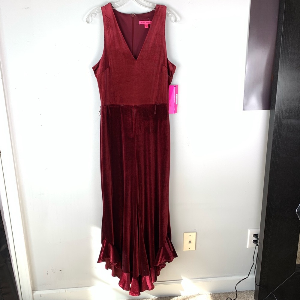 Betsey Johnson Maroon Velvet Ruffle Hem Jumpsuit - Picture 3 of 8